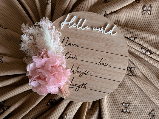 Bright pink Dried floral writeable birth announcement