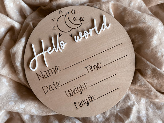 Hello world moon and stars writeable birth announcement