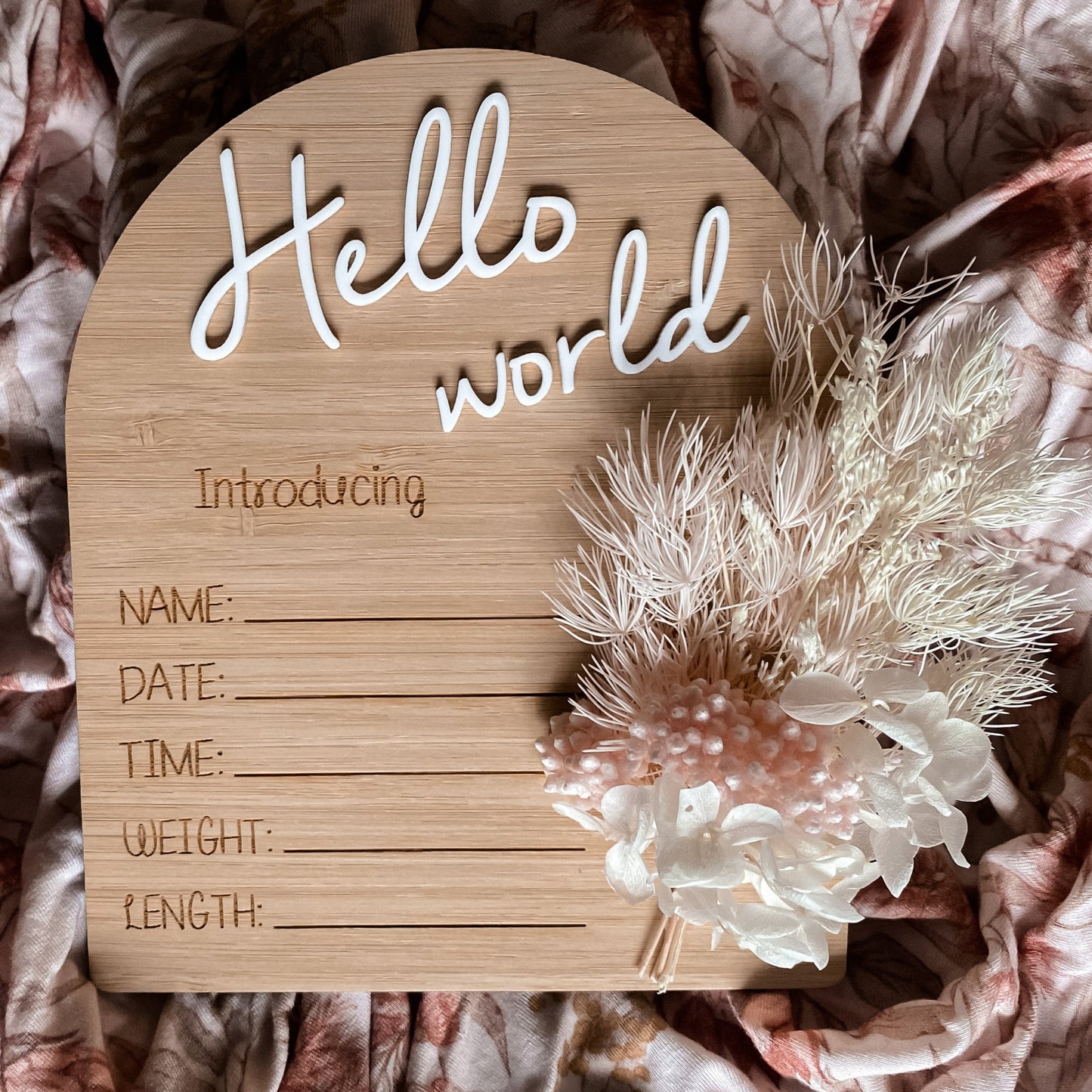 Hello world dried floral writeable announcement WHITE and PINK florals