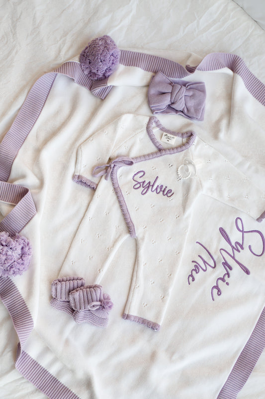 Personalised white and purple scallop trim baby announcement kimono