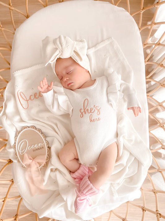 She’s here frill shoulder newborn announcement romper