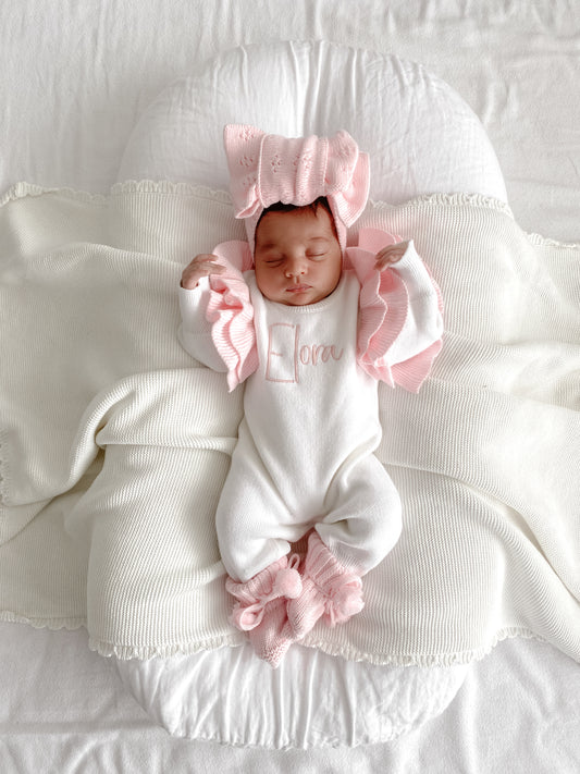 White and pink frill personalised baby romper