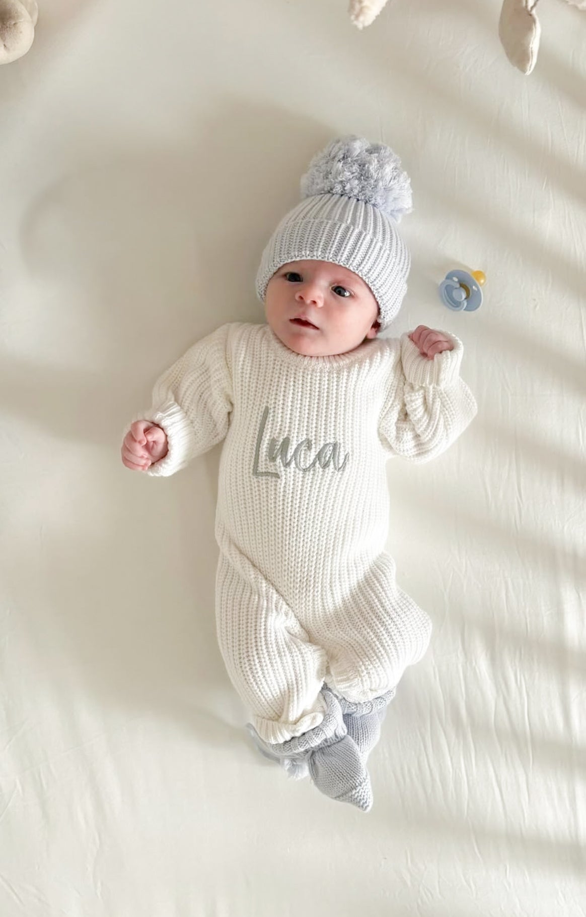 White chunky knit personalised announcement romper