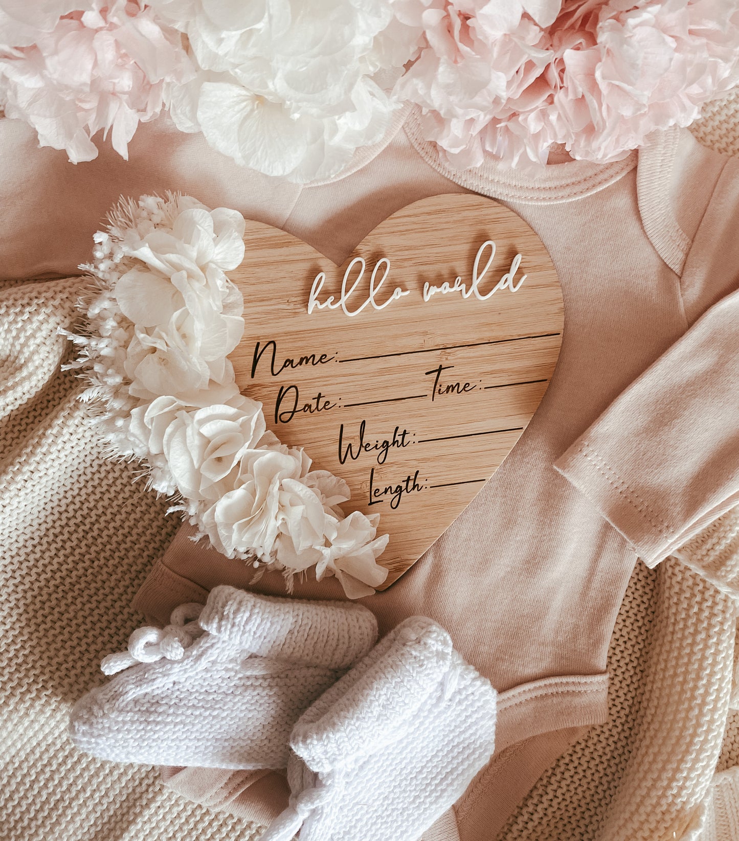 Hello world dried flower writeable birth announcement heart