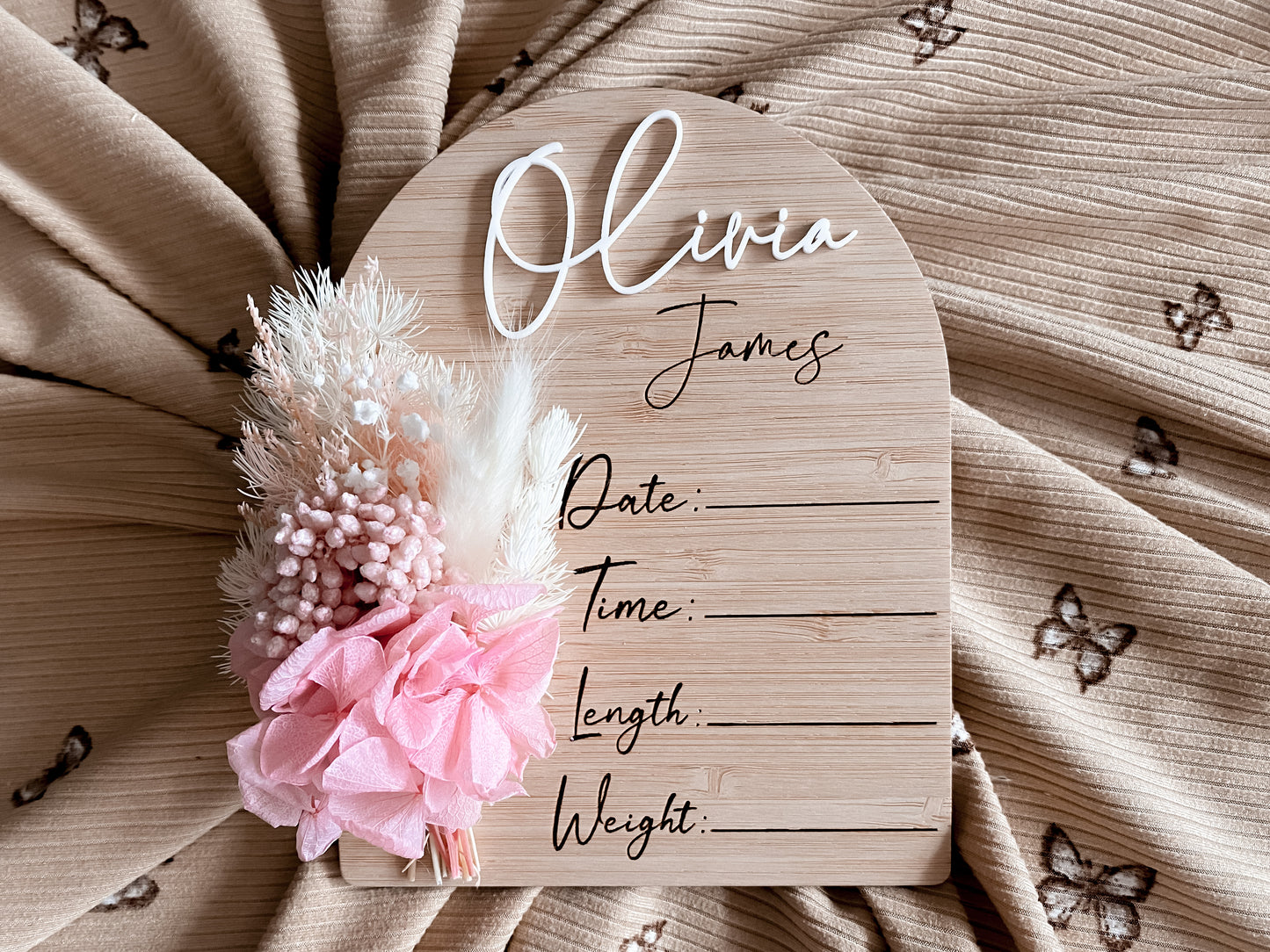 Arch writeable birth announcement pink and white florals