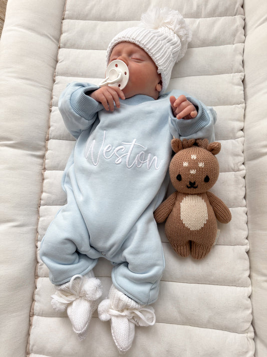 Baby blue fleece lined announcement romper