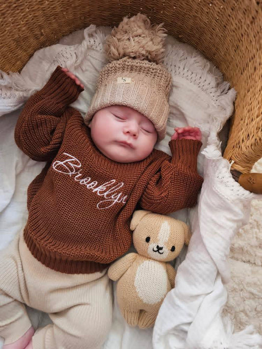 Rich brown personalised newborn announcement jumper