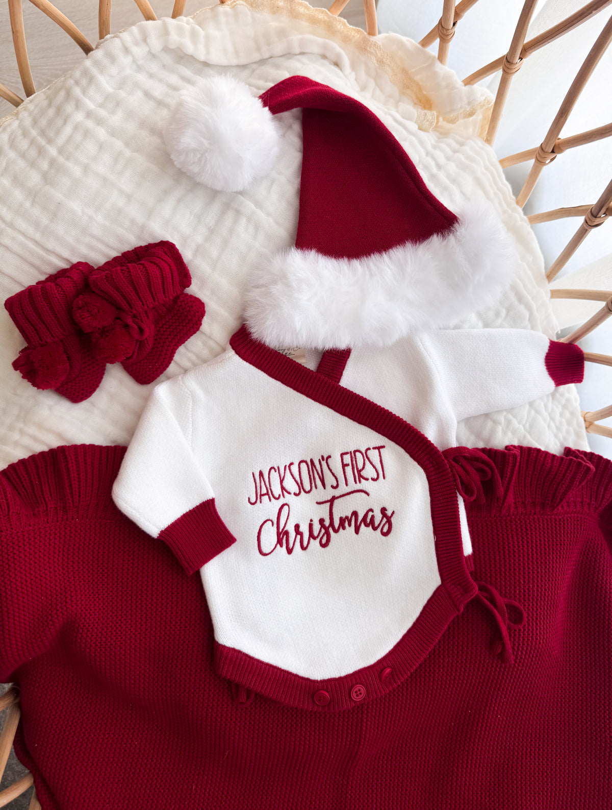 White and red trim personalised first Christmas kimono