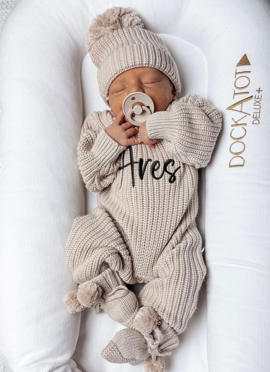 Neutral chunky knit baby announcement romper