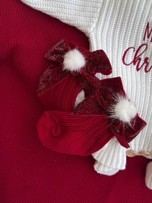 Red bow and pompom Christmas socks