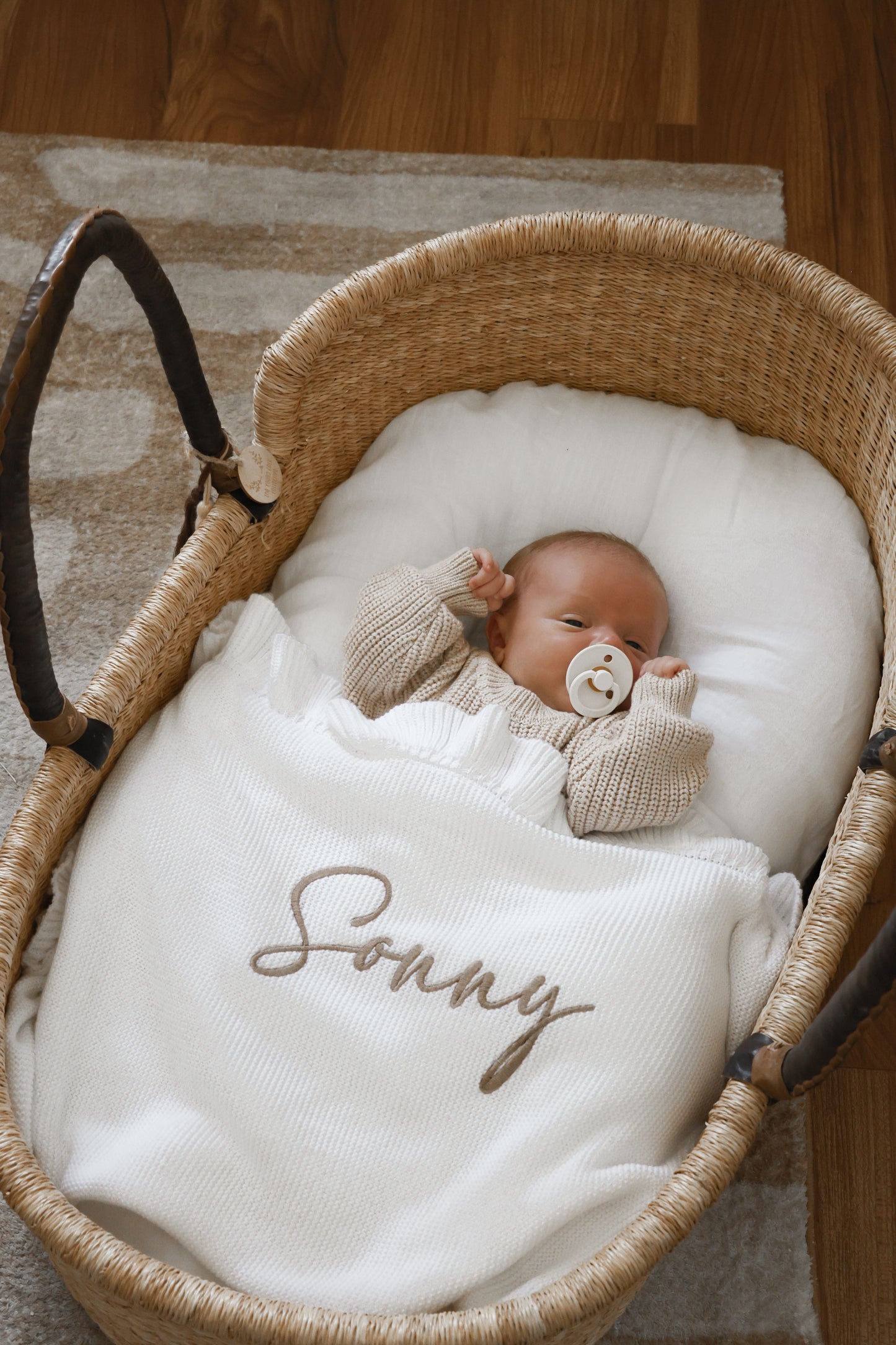 White knit personalised baby blanket
