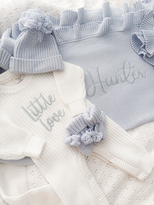 Dusty blue newborn pompom hat