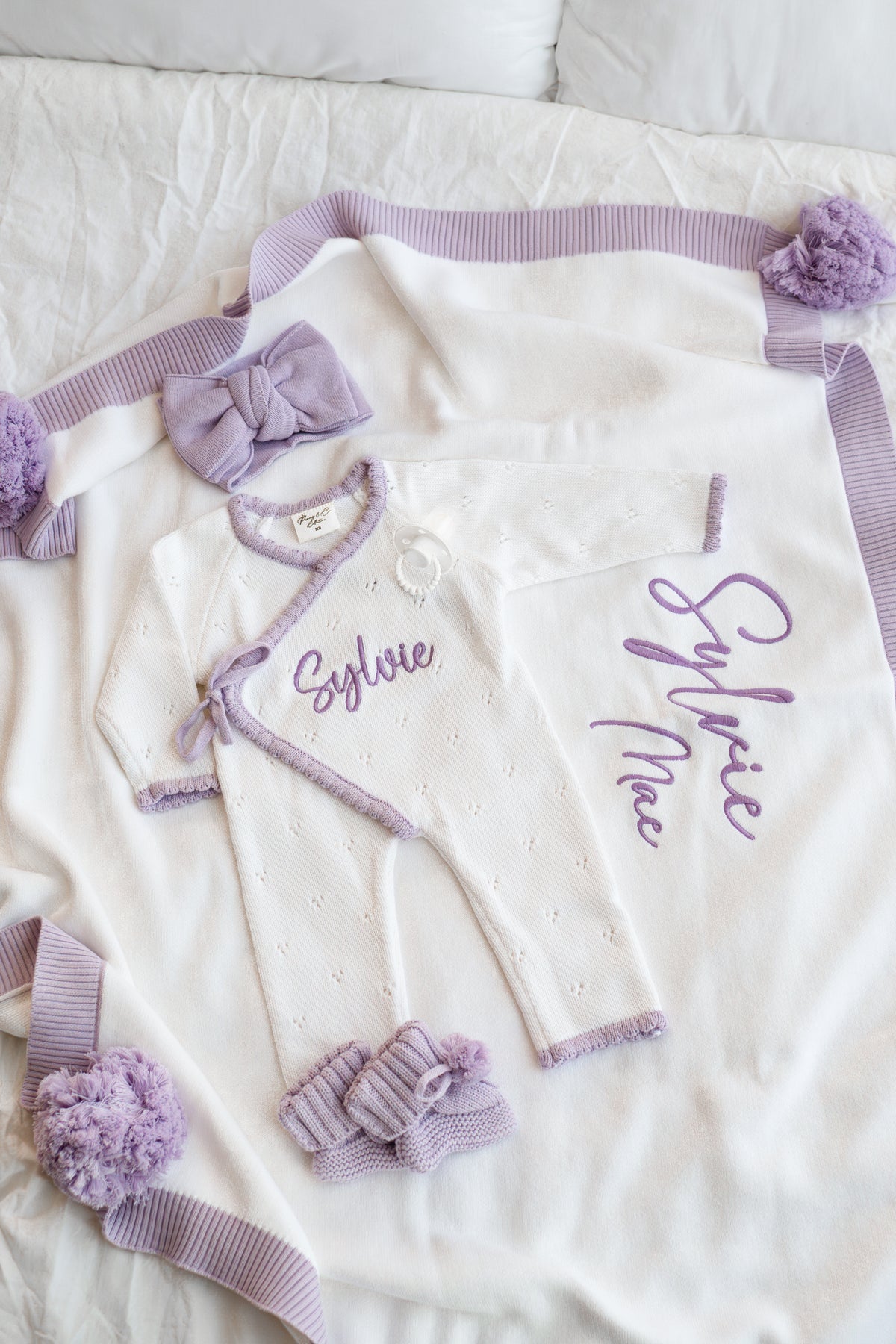 Personalised white and purple scallop trim baby announcement kimono