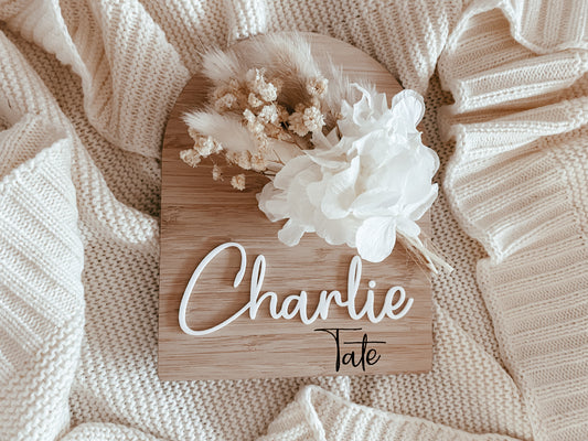 Dried flower personalized birth announcement sign beige florals