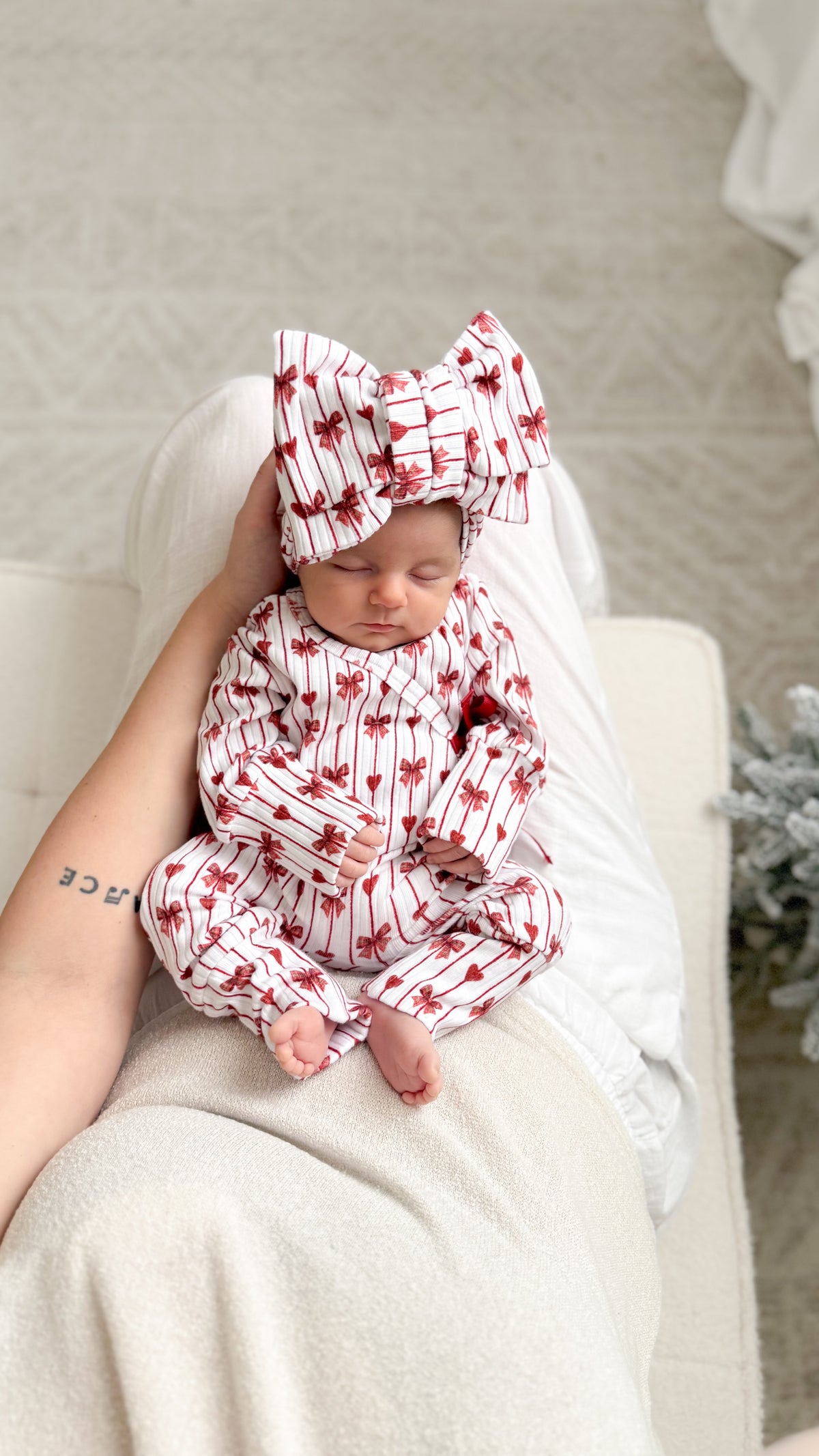 Christmas bow and heart kimono onesie