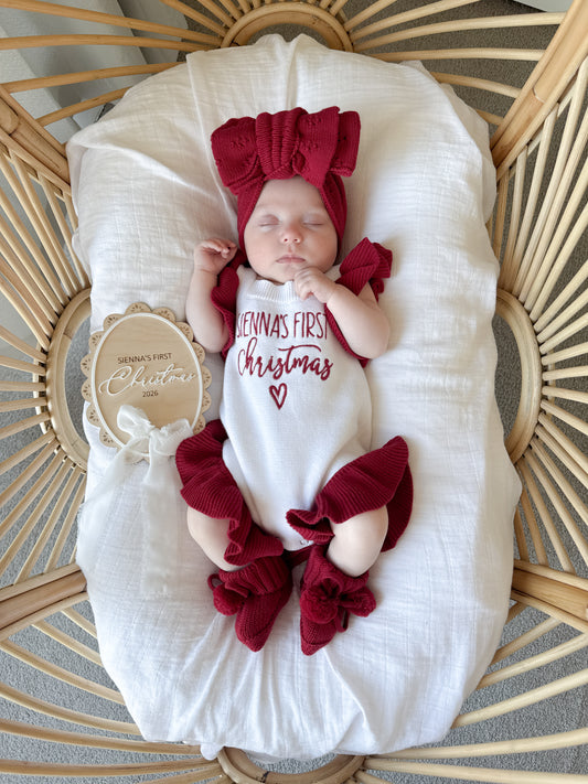 First Christmas white with red frill personalised romper