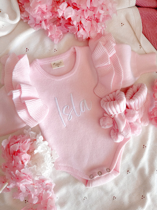 Pink frill shoulder personalised announcement romper