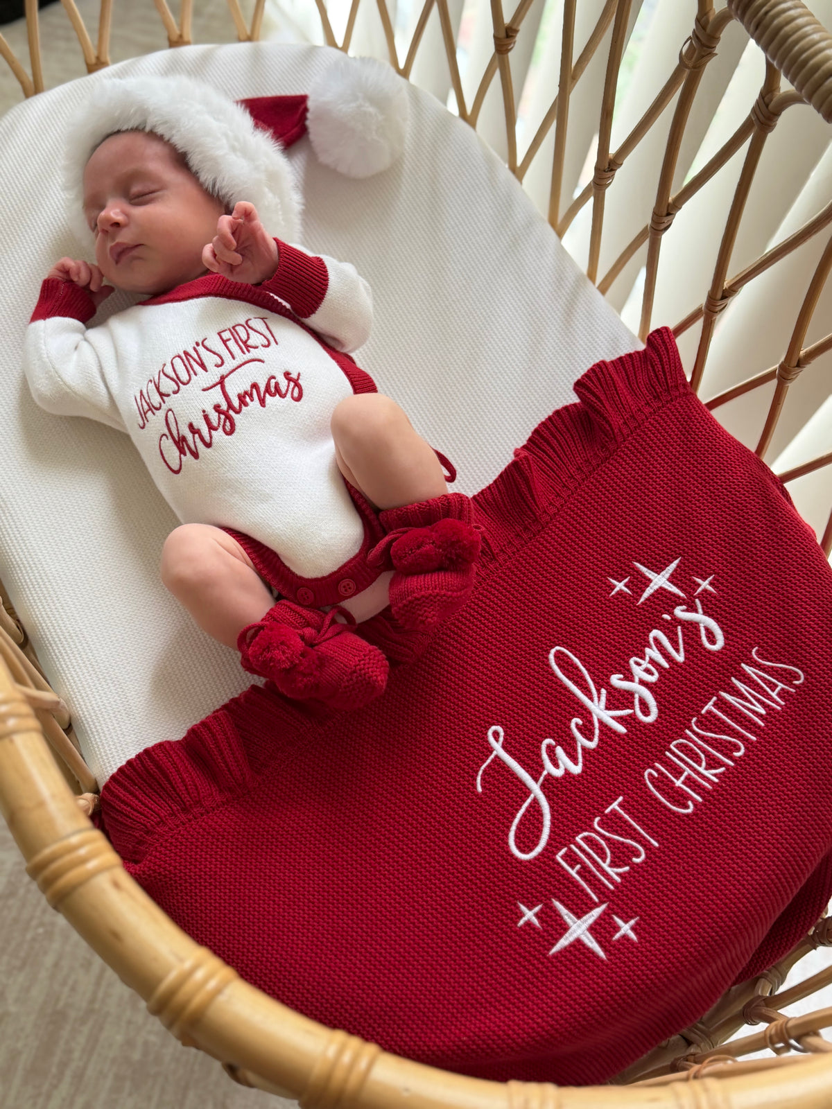Red frill personalised first Christmas blanket