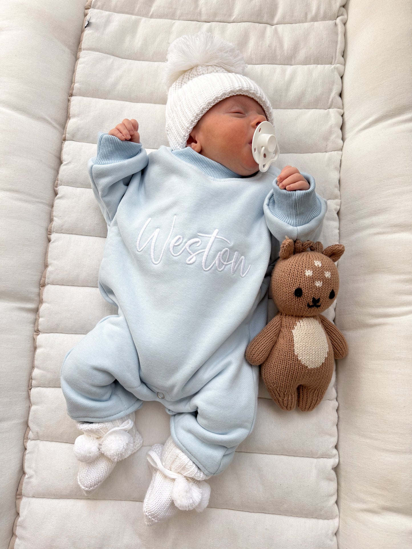 Baby blue fleece lined announcement romper