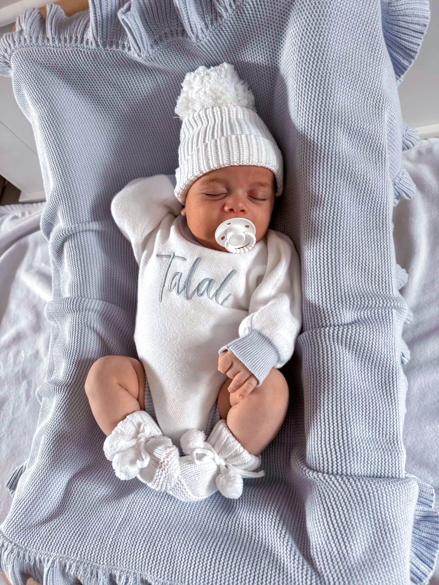 Blue and white personalised baby boy romper