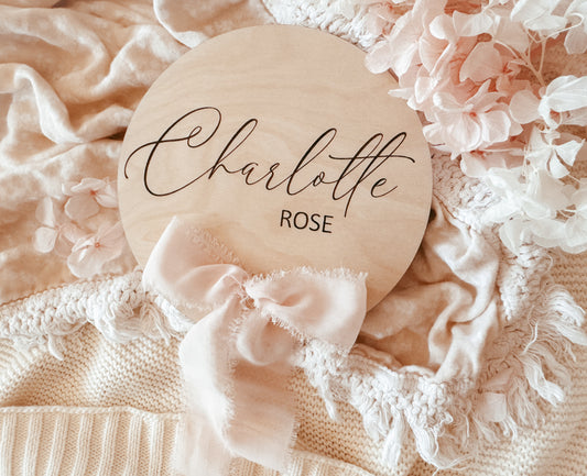 Personalised baby girl announcement sign with ribbon