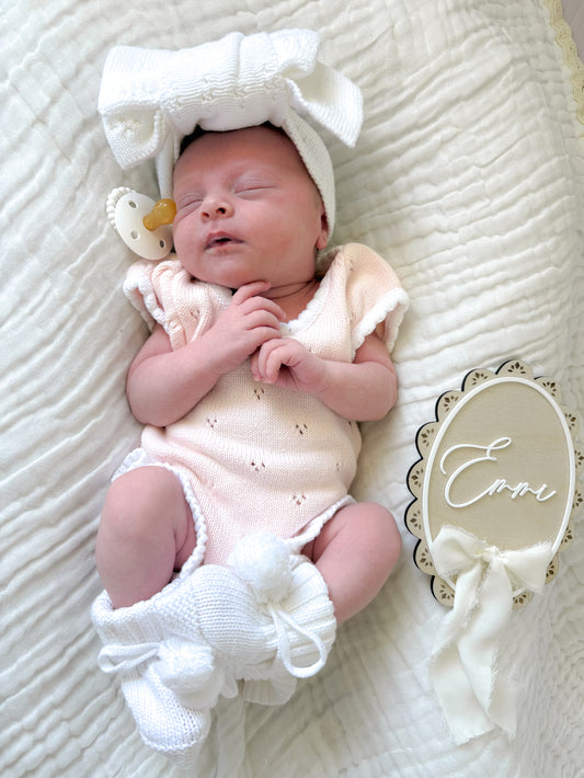 Pink pointelle baby girl announcement outfit