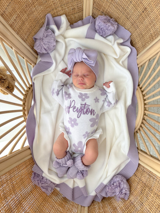 Purple and white floral frill leg romper