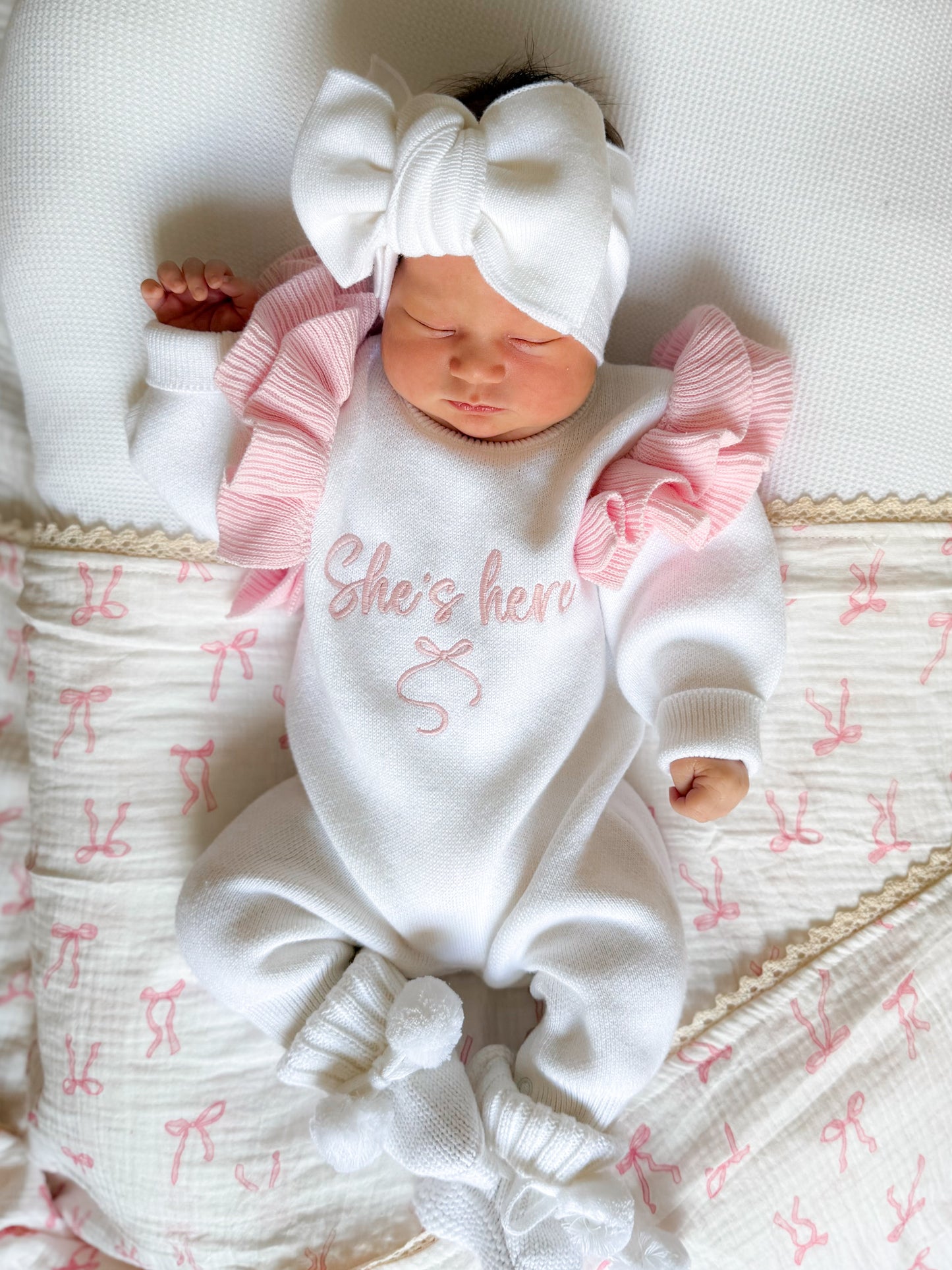 She’s here baby girl announcement romper