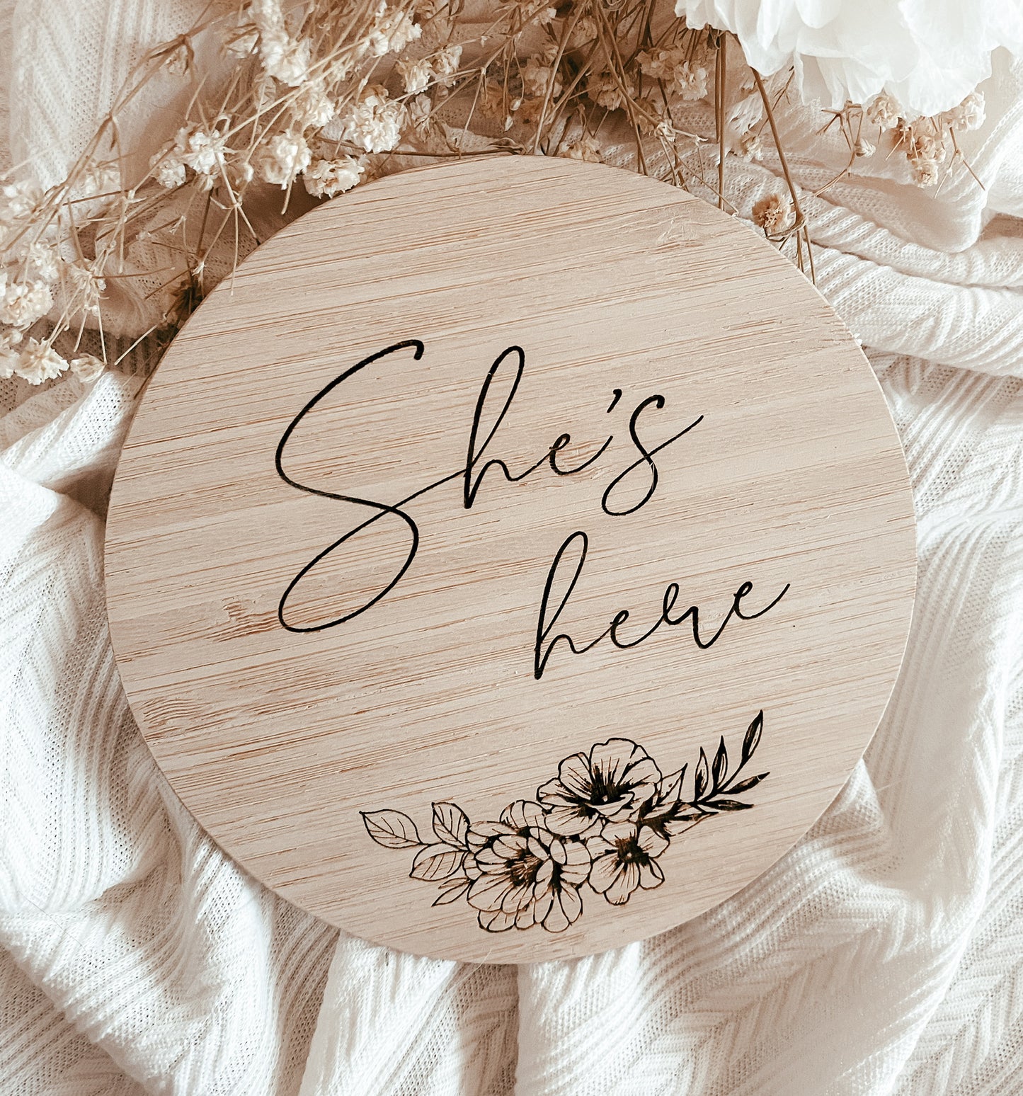 She’s here birth announcement plaque