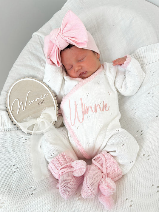 White with pink scallop kimono baby announcement romper