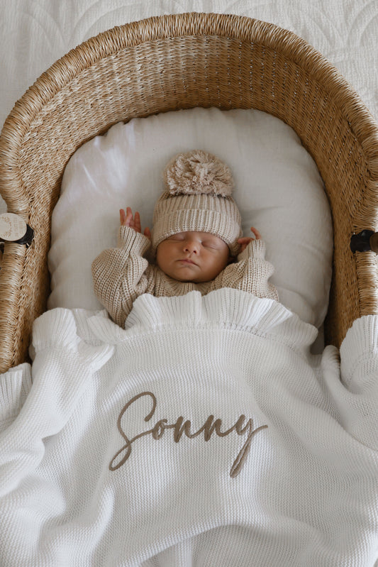 White knit personalised baby blanket