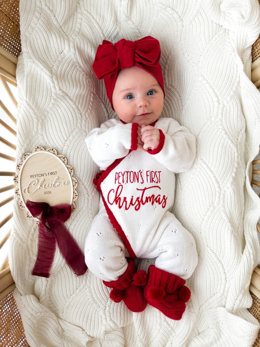White and red trim personalised Christmas scallop kimono