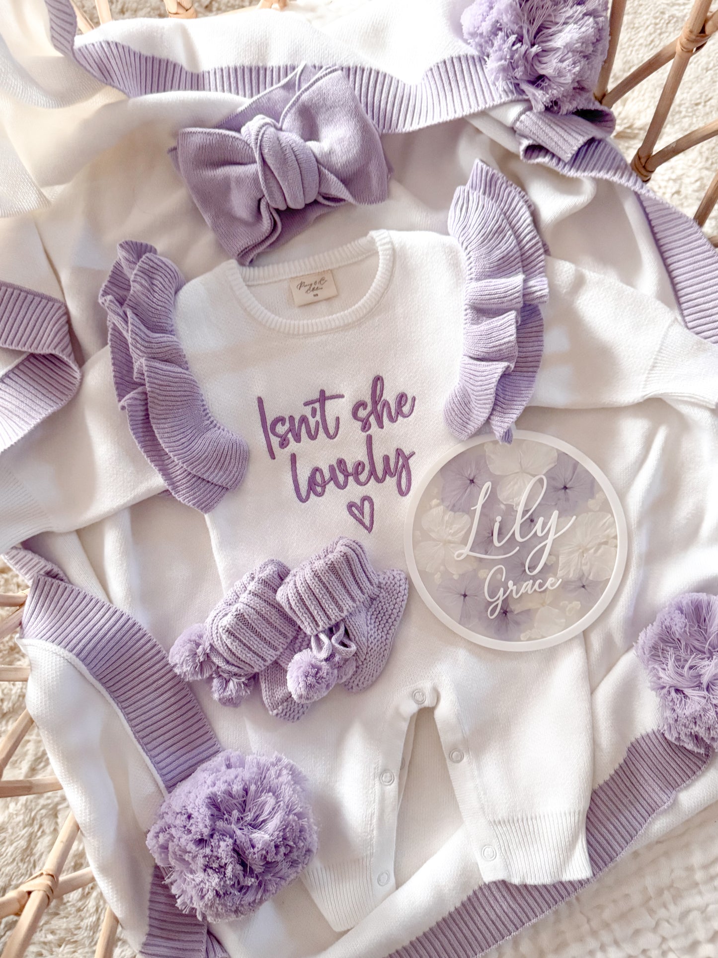 White and purple trim personalised pompom blanket