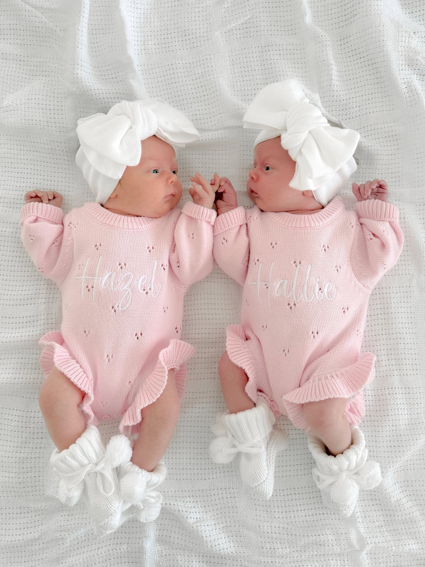Pink pointelle frill baby announcement romper