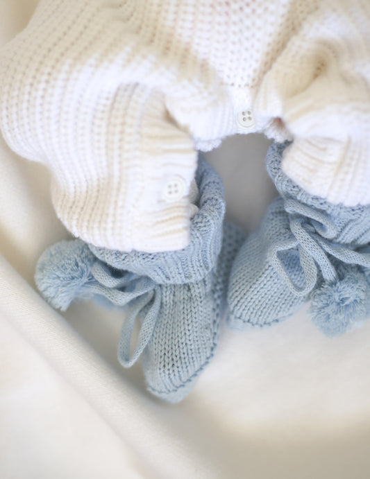 Blue knit baby pompom booties