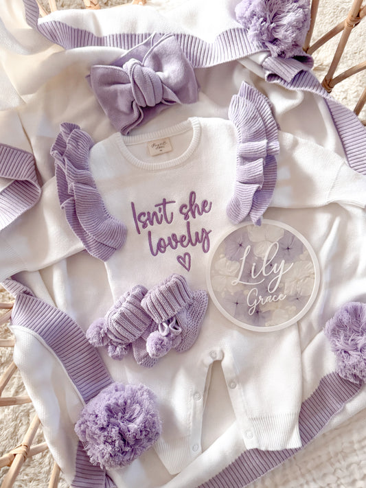 White and purple isn’t she lovely baby romper