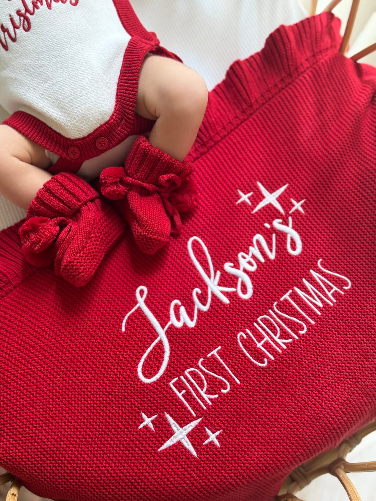 Red frill personalised first Christmas blanket