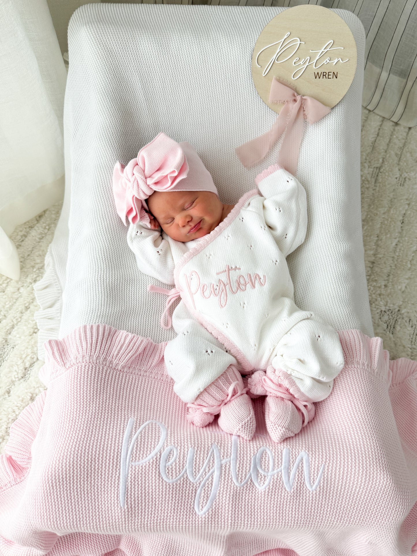 White with pink scallop kimono baby announcement romper