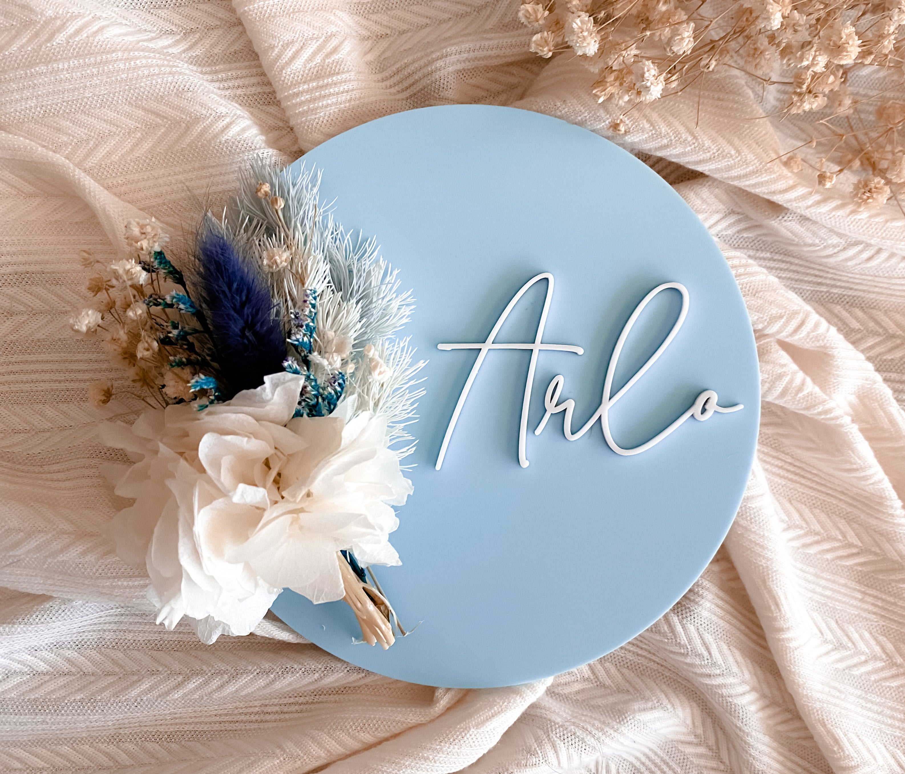 Acrylic dried flower name sign blue colours – Penny and Co Collections