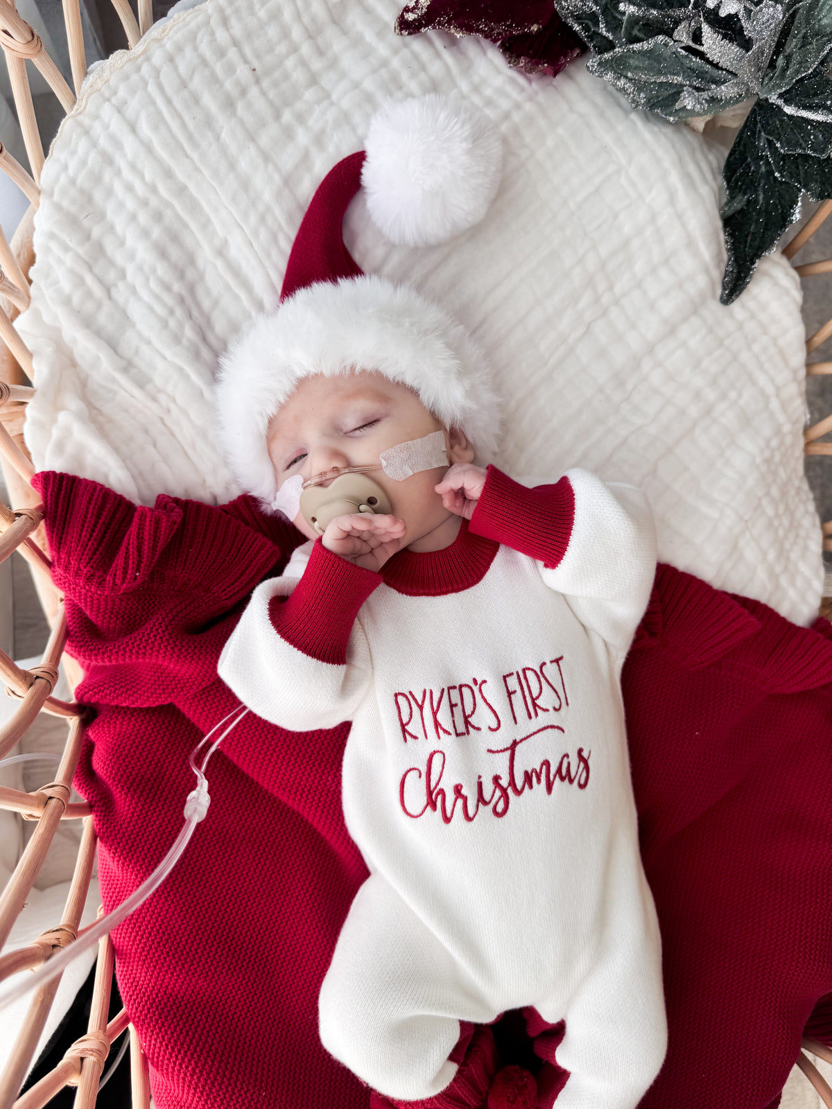 My first Christmas personalised long leg red trim romper