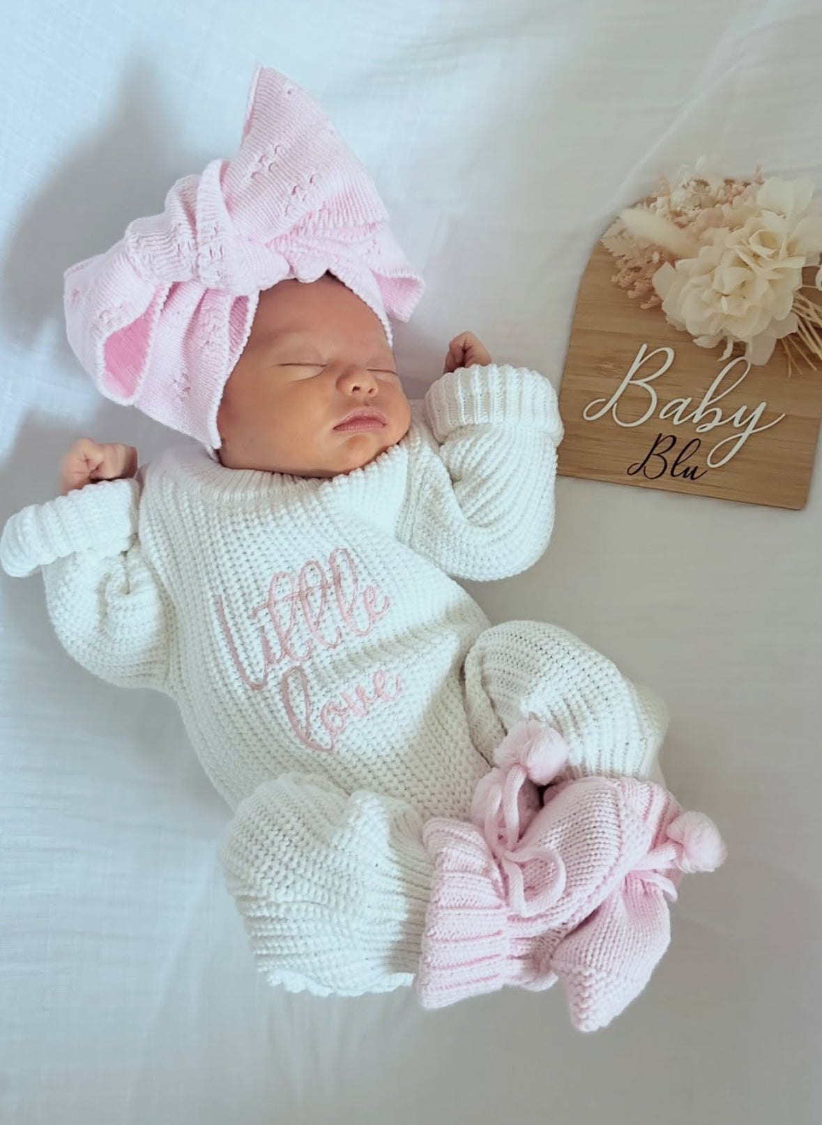 White chunky knit personalised announcement romper
