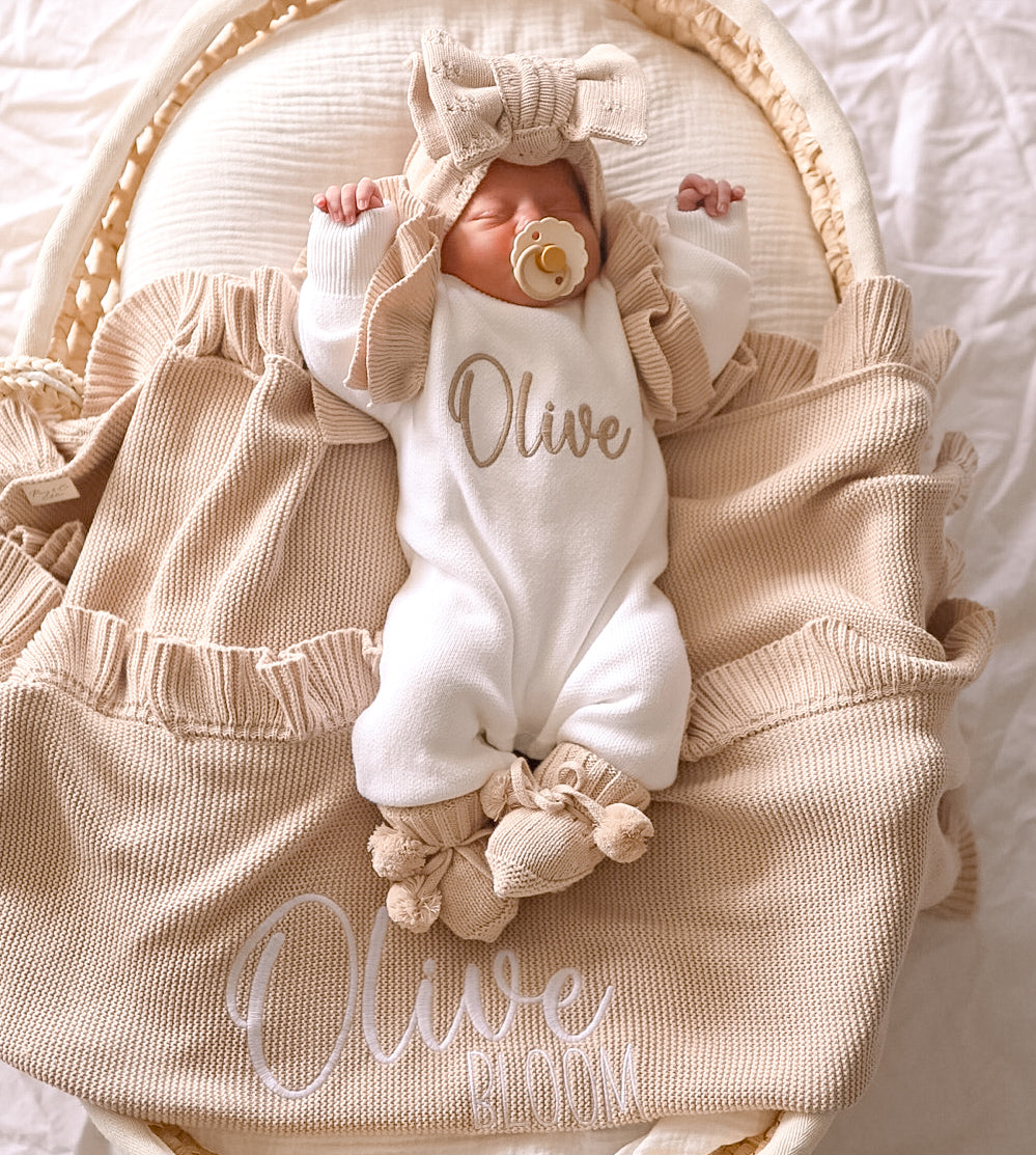 White with beige frill personalised baby romper