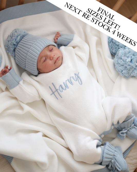 Personalised baby romper white with blue trim