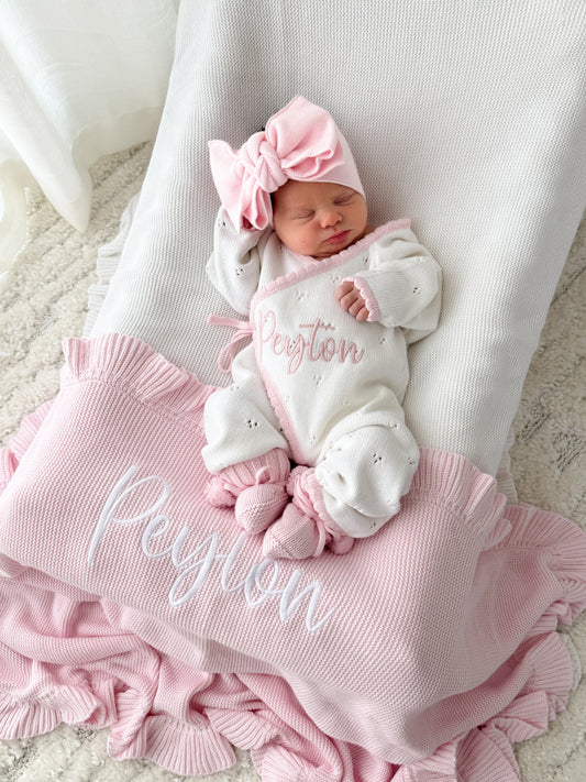 White with pink scallop kimono baby announcement romper