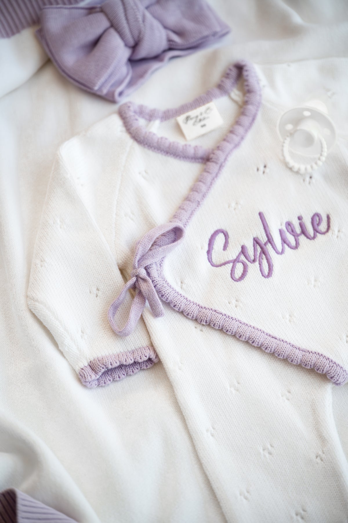 Personalised white and purple scallop trim baby announcement kimono