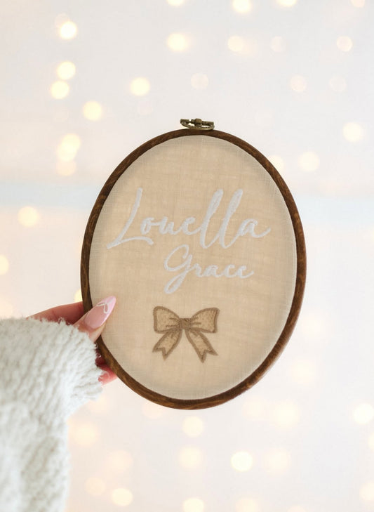 Embroidered vintage ribbon style baby name sign