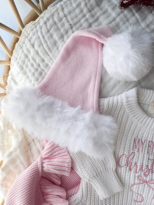 Baby fluffy white and pink Santa hat
