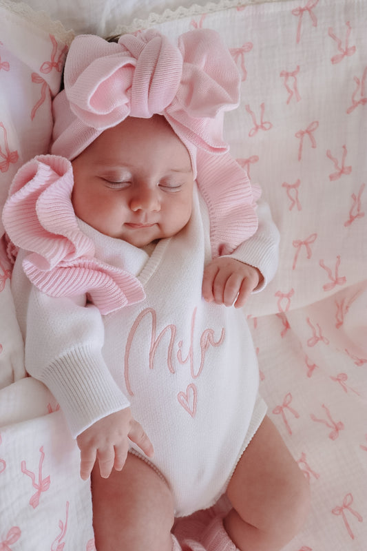 White and pink frill personalised baby kimono romper