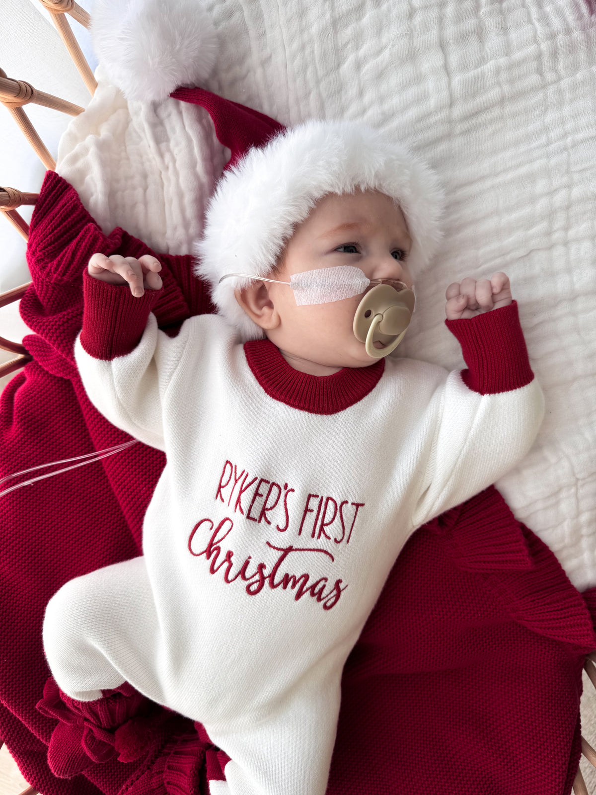 My first Christmas personalised long leg red trim romper