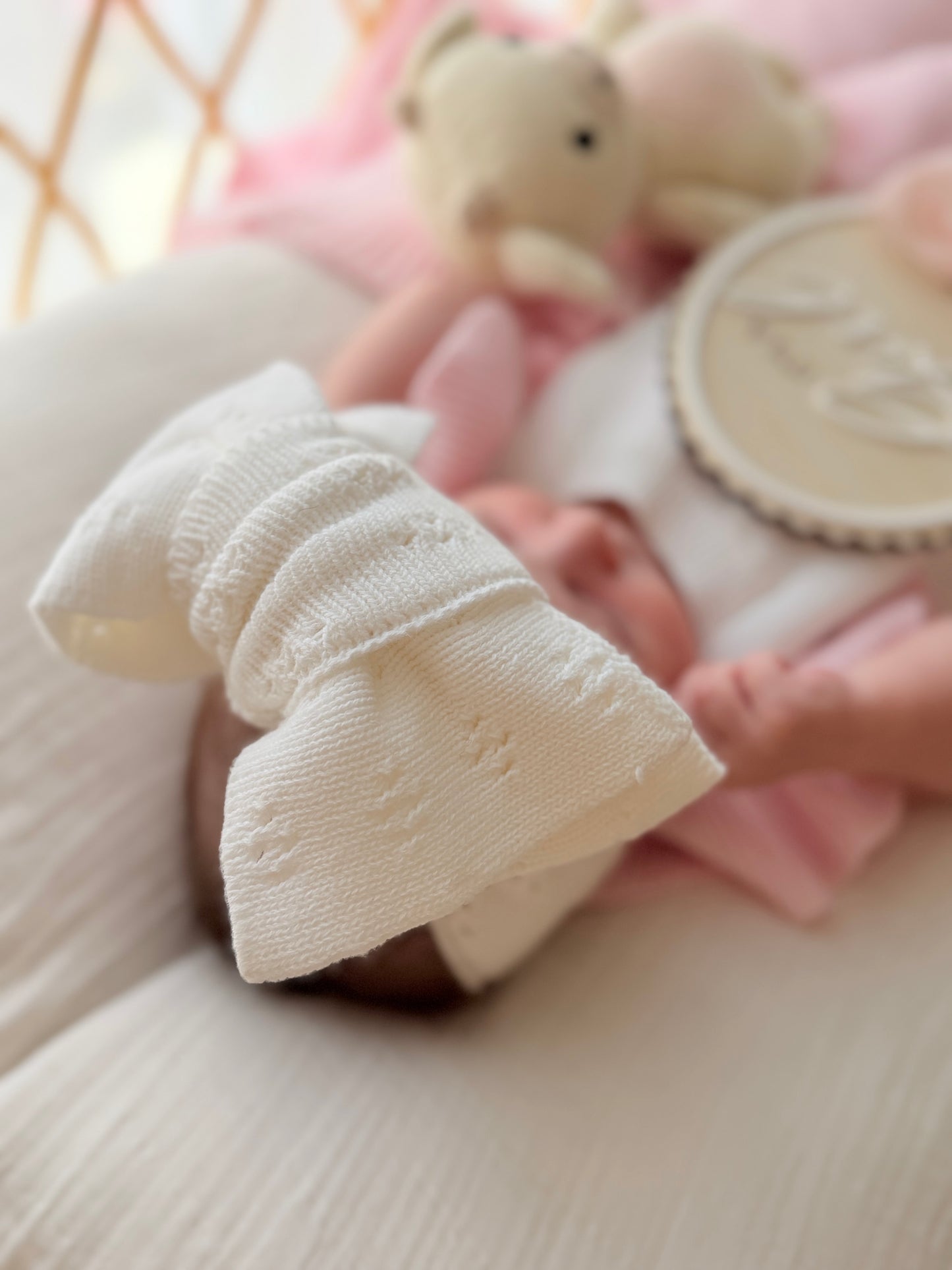 White pointelle pattern baby bow